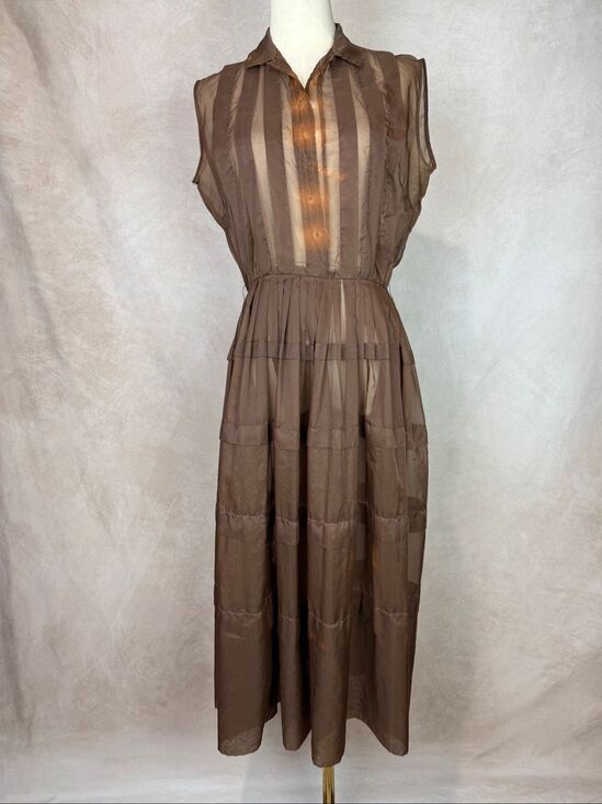 Vintage Dresses & Skirts - Vintage 1950s Sheer Brown Organza Shirtwaist Dress Full Skirt Sz S/M READ